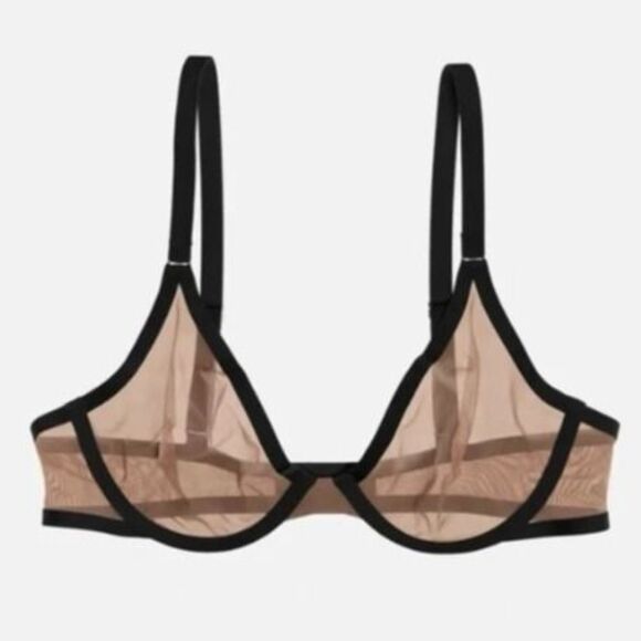 CUUP The Plunge Mesh Bra 34H Tan & Black Trim Two Tone Sheer Unlined Underwire - Picture 1 of 8